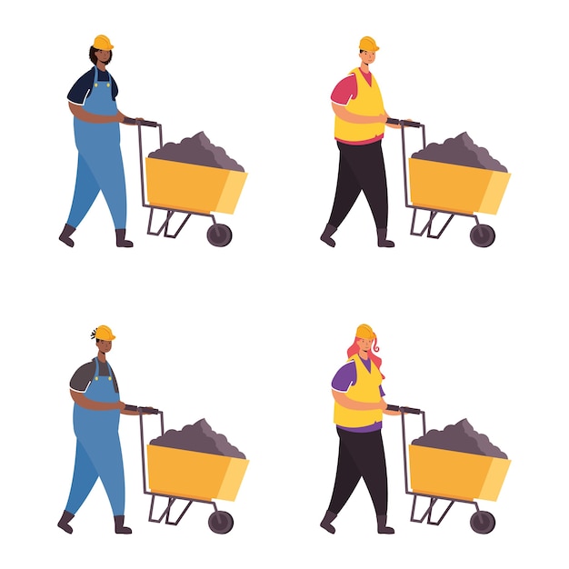 constructors workers with wheelbarrows characters