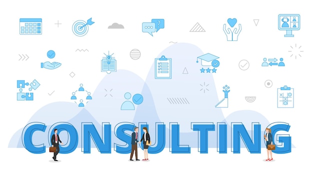 Consulting concept with big words and people surrounded by related icon with blue color style