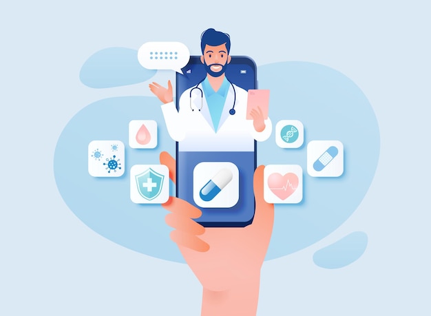 Consulente medico che utilizza l'app per smartphone è in un palmo della tua mano illustrazione del concetto di telemedicina