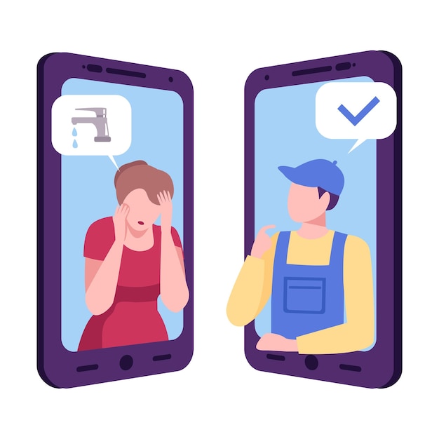 Vector consulting plumber woman online mobile chatting of conversatie van mensen via smartphones tekstbubbels op schermen van twee mobiele telefoons tegenover elkaar flat vector illustratie