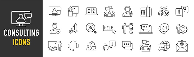 Vector consulting web icons in line style consultation meeting conference service communication collection vector illustration