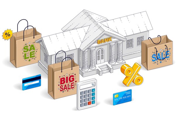 Consumentenkrediet concept, bankgebouw met boodschappentassen, rekenmachine, kaart en procentsymbool geïsoleerd op een witte achtergrond. vector 3d isometrische zaken en financiën illustratie, dunne lijn ontwerp.