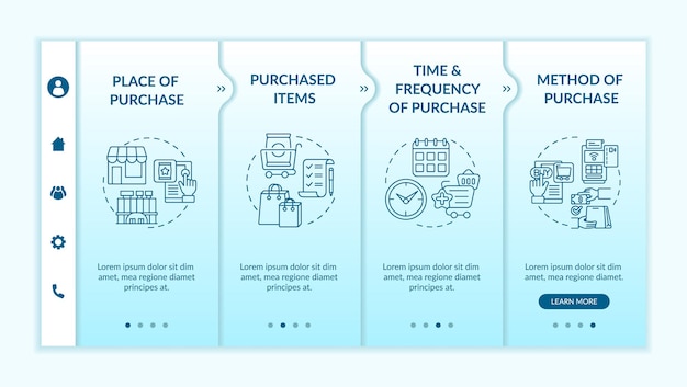 Consumer behavior patterns onboarding vector template. Responsive mobile website with icons. Web page walkthrough 4 step screens. Purchase method, items color concept with linear illustrations