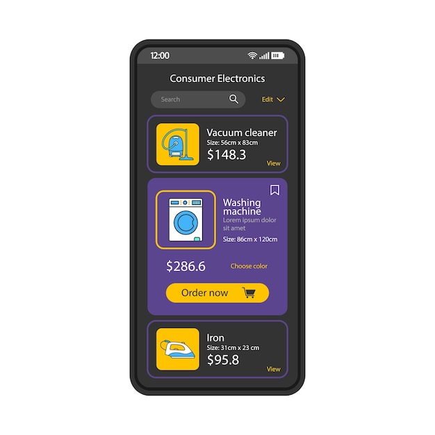 소비자 전자 스마트폰 인터페이스 벡터 템플릿 모바일 앱 블랙 디자인 레이아웃 가전 제품 페이지 화면 쇼핑 응용 프로그램 평면 Ui 홈 장치 카탈로그 전화 디스플레이에