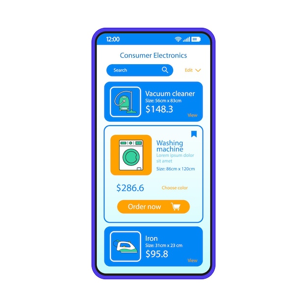 Modello vettoriale dell'interfaccia per smartphone di elettronica di consumo. layout di design blu dell'app mobile. schermata della pagina dell'applicazione per lo shopping di elettrodomestici. interfaccia utente piatta. catalogo dispositivi domestici sul display del telefono