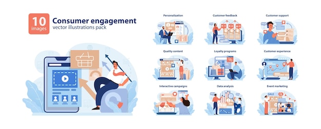 Consumer engagement vector illustrations set a collection showcasing diverse strategies for customer
