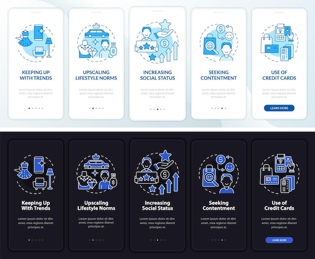 Motivazione del consumismo schermata della pagina dell'app mobile onboarding scura e leggera. procedura dettagliata 5 passaggi istruzioni grafiche con concetti. modello vettoriale ui, ux, gui con illustrazioni lineari in modalità giorno e notte