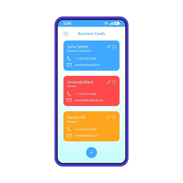 Contact list smartphone interface vector template. Business cards scanner. Phonebook. Mobile app interface design layout. Phone book screen. Flat UI for application. Phone display