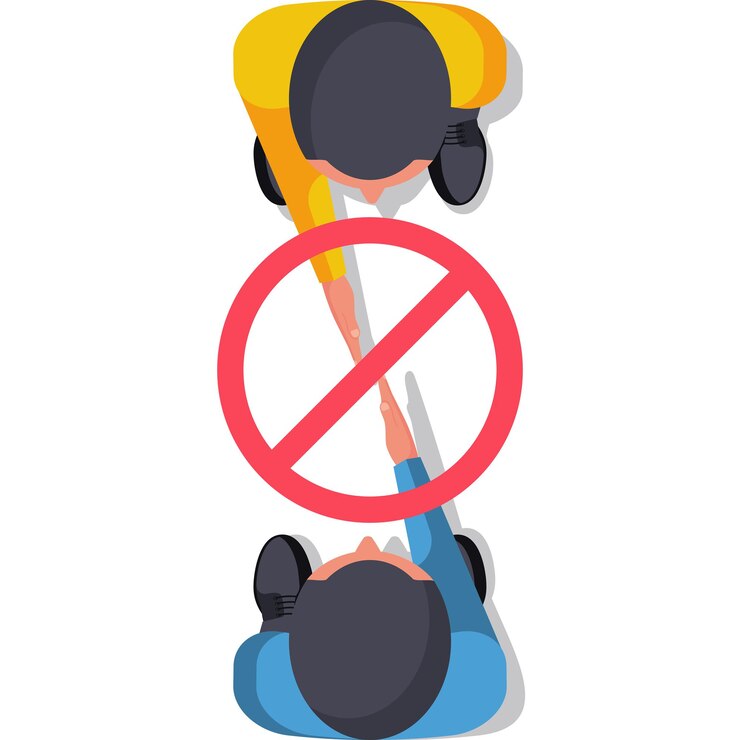 連絡しないでください。握手はありません。赤い禁止標識。 2人のビジネスマンが遠くに立っています。コロナウイルス病の予防と予防。手に危険な感染を警告します。ベクトルフラットデザイン