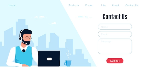 お問い合わせフォームテンプレート。ヘッドフォンとラップトップを持つ白人男性。サポート、支援、コールセンター