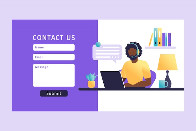 Vector contact us form template for web. african man customer service agent with headset talking with client. landing page. online customer support