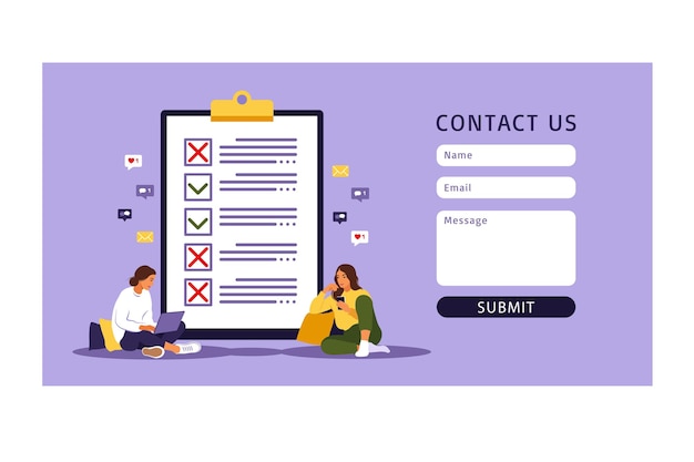 Contact us form template for web. checklist, to-do list. list or notepad concept. business idea, planning or coffee break.