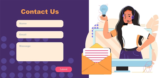 Contact Us form template for web or landing page. Customer service agent. Online customer support