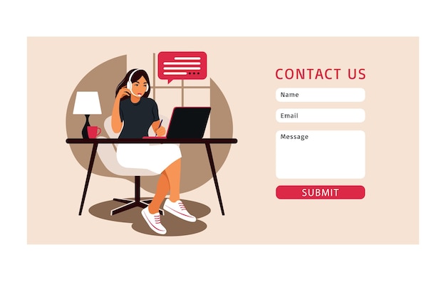 Contact us form template for web. operator girl with computer, headphones and microphone. outsource, consulting, job online, remove job. call center.