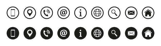 Свяжитесь с нами набор значков Коллекция значков веб-сайта Векторная иллюстрация Черные значки, изолированные на прозрачном фоне 10 eps
