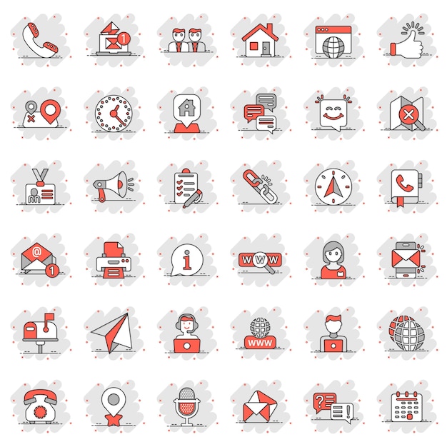 Vector contact us icon set in comic style mobile communication cartoon vector illustration on white isolated background phone call splash effect business concept