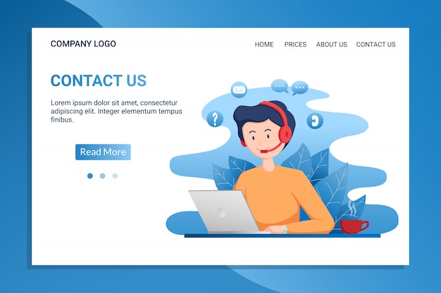 Contact us landing page template with young man wear headphone