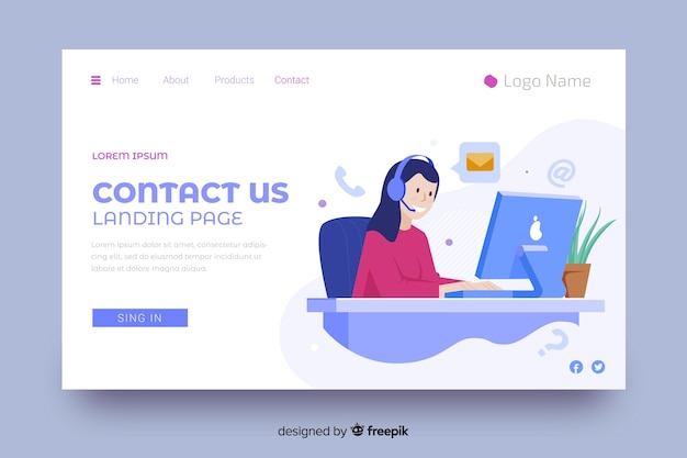 Vector contact us landing page with woman and headphones