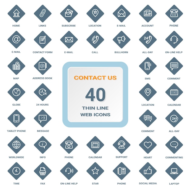 Contact us set of thin line web icons on a rhombus shields isolated on a background icon set