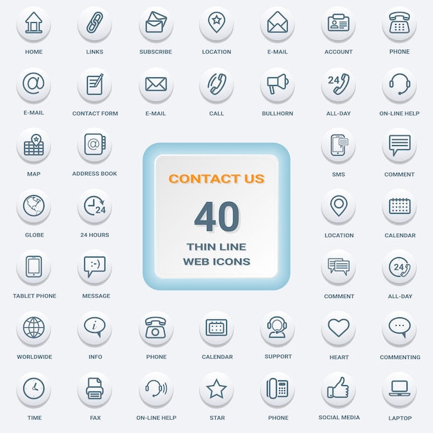 Vector contact us set of white round flat thin line web icons isolated on a background icon set