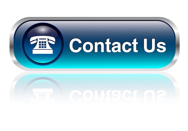 Contact us, telephone icon, button, blue glossy with shadow.