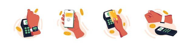 Бесконтактные безналичные платежи с помощью кредитных карт, приложений для мобильных телефонов и умных часов. оплата руками с помощью pos-терминалов и технологии nfc. плоская графическая векторная иллюстрация на белом фоне.