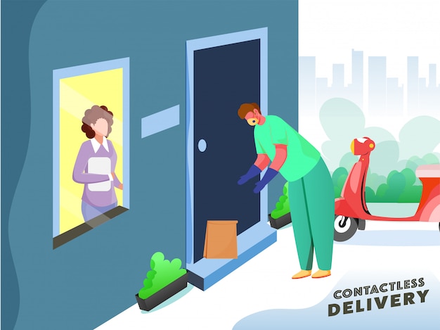 Vector contactless delivery concept based poster , delivery boy parcel putting at door with customer woman looking from window and scooter on white and teal blue background.