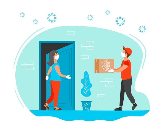 Contactless delivery concept illustration. Delivery person and woman opened the door. Protection form covid-19 or coronavirus. Flat vector illustration.