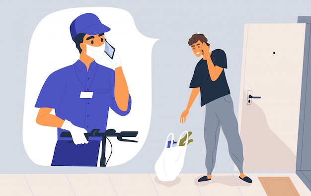 Contactless delivery service concept. Courier in medical mask and gloves call the customer. Man receiving grocery bag during pandemic. Safe shipping. illustration in flat cartoon style
