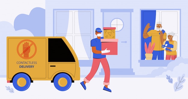 Contactless Express delivery of orders to the door of a house or apartment. A courier in a medical mask and gloves delivers the order. Elderly people sit at home in quarantine and look out the window