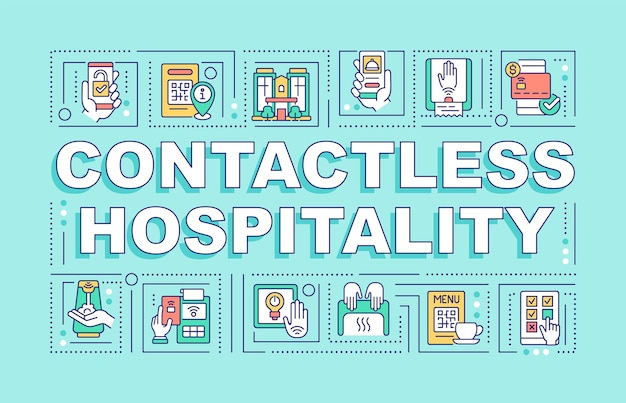 Contactless hospitality word concepts blue banner. Infographics with linear icons on background. Isolated typography. Vector outline color illustration with text. Arial-Black font used