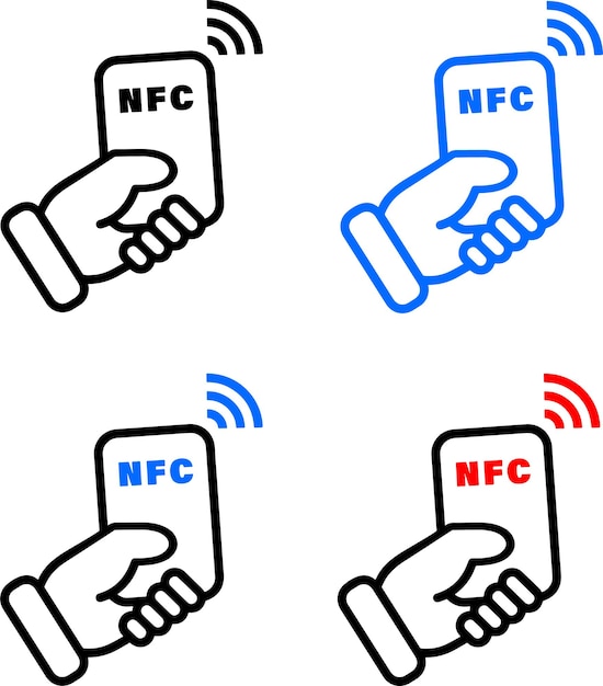 NFCコンタクトレス決済技術 携帯電話カードを手に持つスマートフォン 時計 薄い線