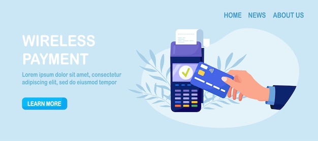 Contactless payment. Human hand holding credit or debit card close to the POS terminal to pay. Transaction by NFC technology.