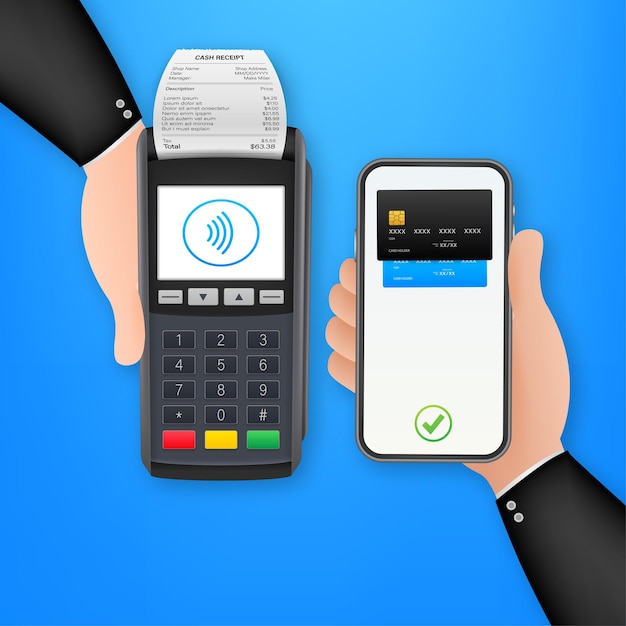 Contactless payment methods mobile smart phone and wireless pos terminal realistic style. vector stock illustration.