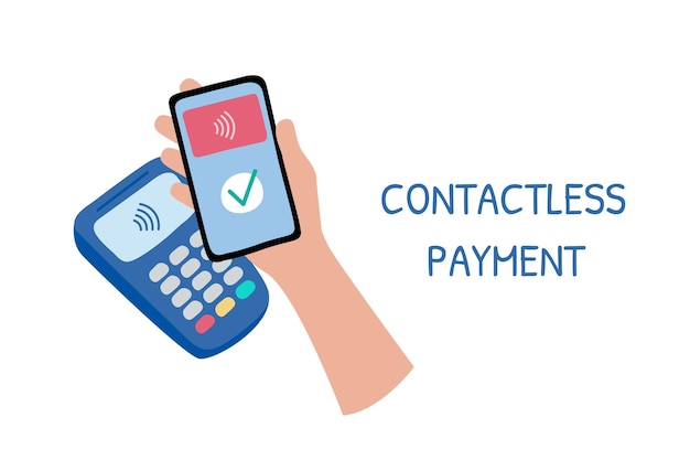 Vector contactless payment phone in hand purchase payment by nfc technology in smartphone and pos terminal near field communication cashless paying flat vector illustration