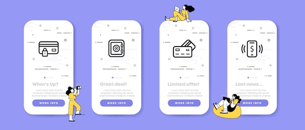 Contactless payment set icon safe bank protection password pin code card nfs payment by phone banking concept ui phone app screens with people vector line icon for business and advertising