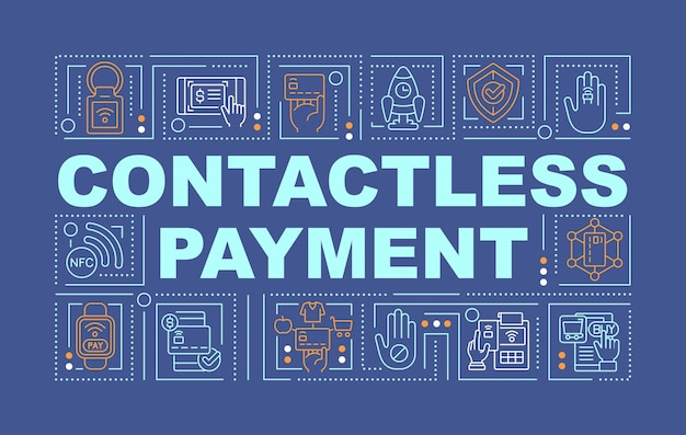 Banner blu di concetti di parole di pagamento contactless. infografica con icone lineari sullo sfondo. tipografia isolata. illustrazione a colori di contorno vettoriale con testo. carattere arial-nero utilizzato