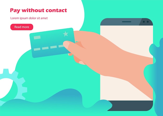 Banner web per pagamenti contactless con icone di carte e smartphone in stile piatto