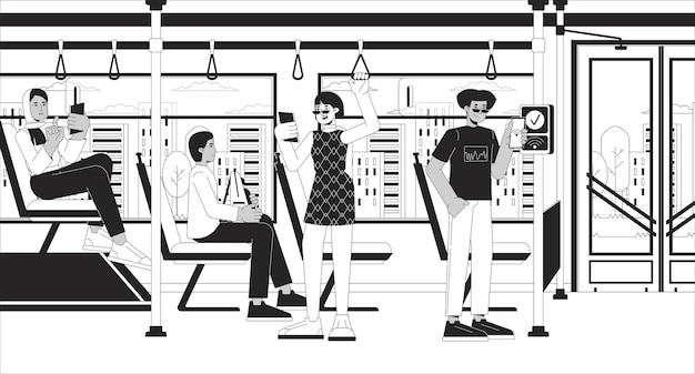 Contactless public transport payment black and white line illustration