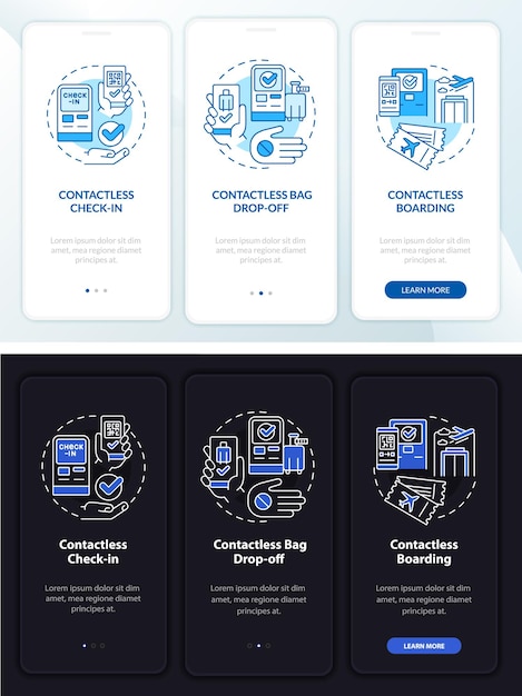 Schermata dell'app mobile onboarding in modalità notte e giorno del servizio contactless. procedura dettagliata in 3 passaggi pagine di istruzioni grafiche con concetti lineari. ui, ux, modello gui. miriadi di caratteri pro-bold, normali utilizzati