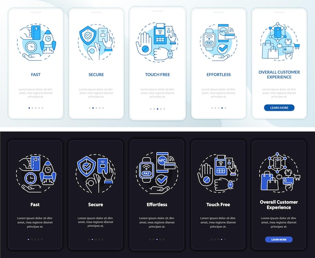 Contactloos betalen dag- en nachtmodus onboarding scherm van mobiele app