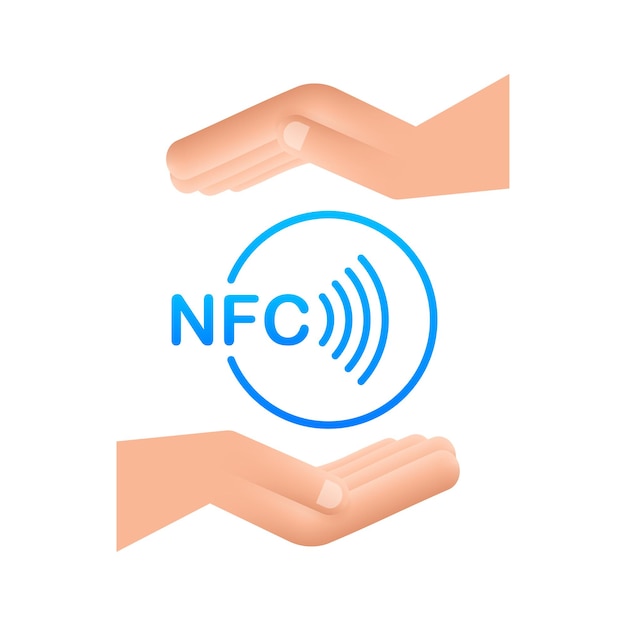 Contactloos draadloos betalen teken in handen logo. NFC-technologie. Vector voorraad illustratie.