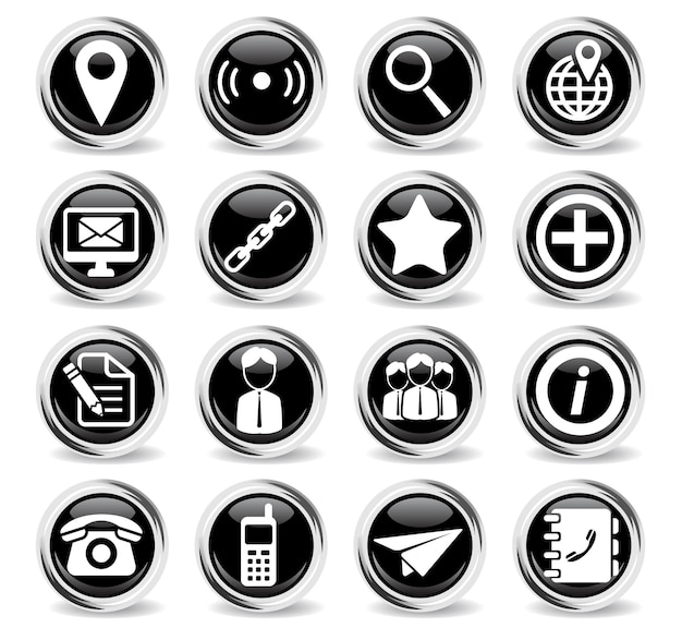 Contacts icons on round black buttons with metal ring