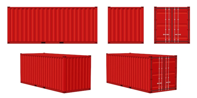 Vettore container cargo contenitore rosso lato anteriore e vista prospettica trasporto consegna merci spedizione logistica internazionale industria raccolta vettore isolato su sfondo bianco illustrazione