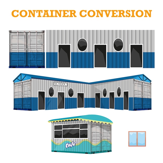 Vettore concetto di conversione container, scuola container, container cafe