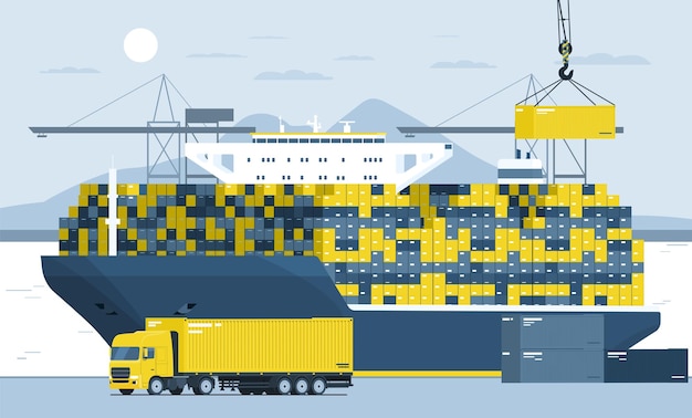 Vector containers laden op een vrachtwagen in de haven vanaf een containerschip vectorillustratie