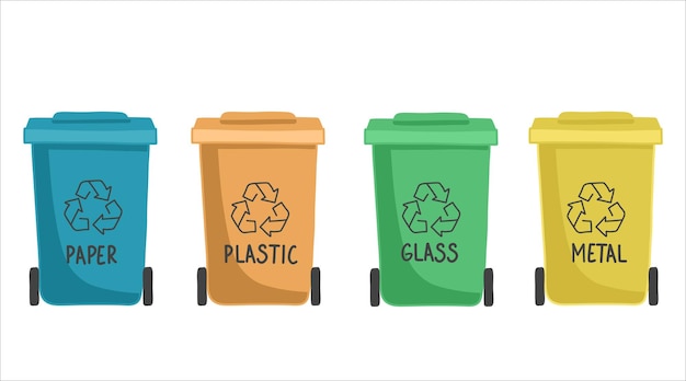 Containers or recycle bins for paper plastic glass and metal trash Concept of separate garbage collection Dumpsters of different colors isolated on white background Flat vector illustration