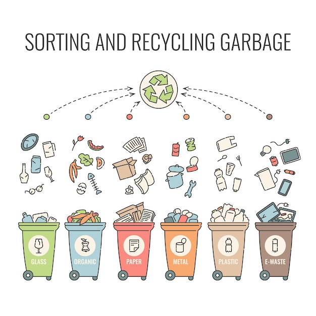 Вектор Сортировка контейнеров, переработка пластика, органического мусора. экологичная концепция