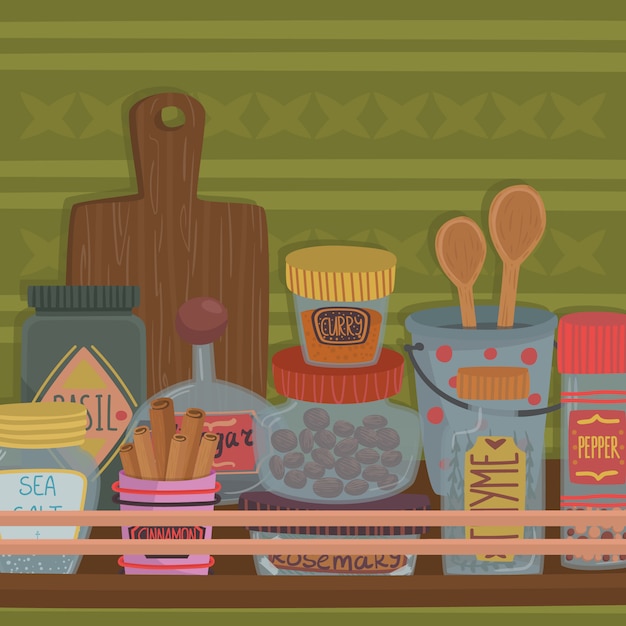 Вектор Контейнеры с травами, специями и посудой на деревянной полке иллюстрации