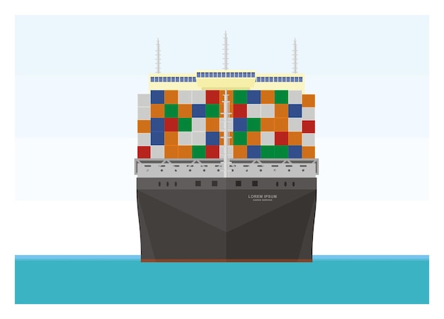 Vector containerschip dat op zee vaart front view eenvoudige platte illustratie